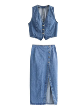 Load image into Gallery viewer, Rizza Denim Vest And Split Hem Skirt Set