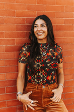 Load image into Gallery viewer, Black Red Aztec Short Sleeve Mesh Top