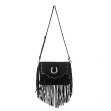 Load image into Gallery viewer, Lucky Charm Leather Bag for Women in black with fringe and Horseshoe detail