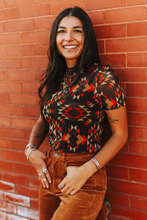 Load image into Gallery viewer, Black Red Aztec Short Sleeve Mesh Top