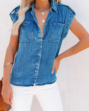 Load image into Gallery viewer, Denim Sleeveless Button Down Shirt
