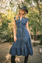 Load image into Gallery viewer, Belted Button Up Denim Midi Dress
