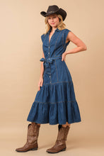 Load image into Gallery viewer, Belted Button Up Denim Midi Dress
