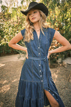 Load image into Gallery viewer, Belted Button Up Denim Midi Dress
