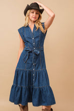 Load image into Gallery viewer, Belted Button Up Denim Midi Dress
