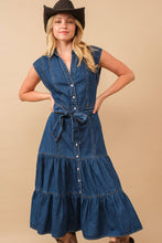 Load image into Gallery viewer, Belted Button Up Denim Midi Dress
