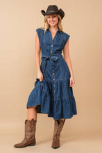 Load image into Gallery viewer, Belted Button Up Denim Midi Dress
