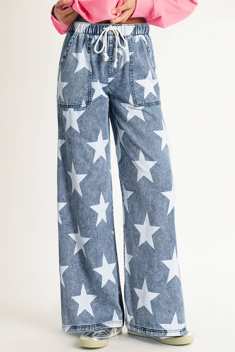 Star Print Light Wash Drawstring High Waist Jeans