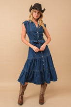 Load image into Gallery viewer, Belted Button Up Denim Midi Dress
