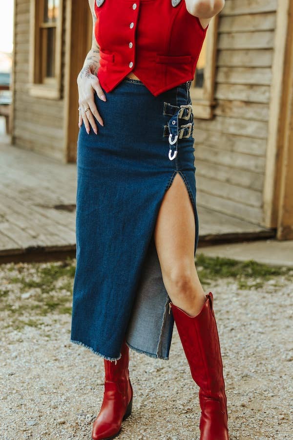 Stretch Denim Double Side Buckle Slit Skirt