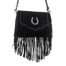 Load image into Gallery viewer, Lucky Charm Leather Bag for Women in black with fringe and Horseshoe detail
