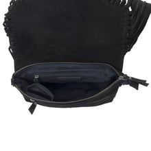 Load image into Gallery viewer, Lucky Charm Leather Bag for Women in black with fringe and Horseshoe detail
