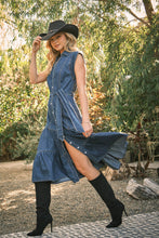 Load image into Gallery viewer, Belted Button Up Denim Midi Dress
