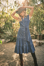 Load image into Gallery viewer, Belted Button Up Denim Midi Dress
