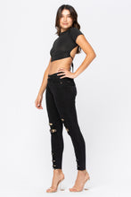 Load image into Gallery viewer, Judy Blue Black Mid-Rise Skinny Destroyed Leopard Patch Denim
