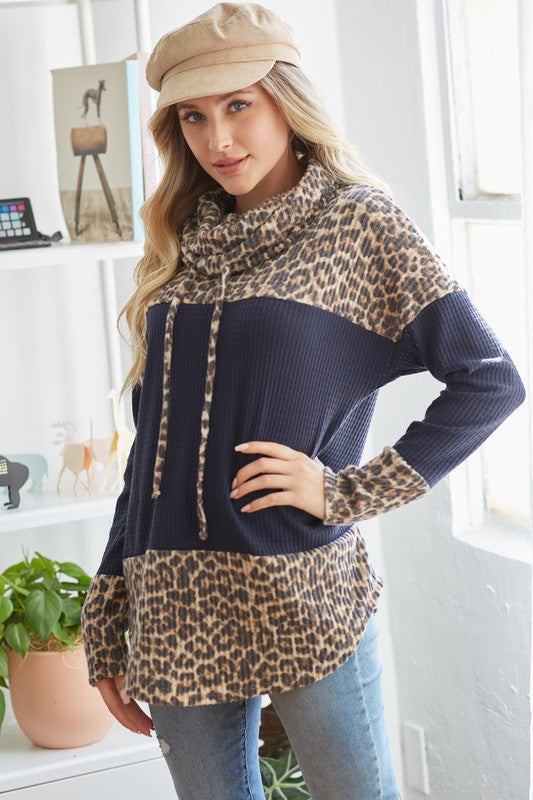 Waffle Animal Colorblock Cowl Neck Top