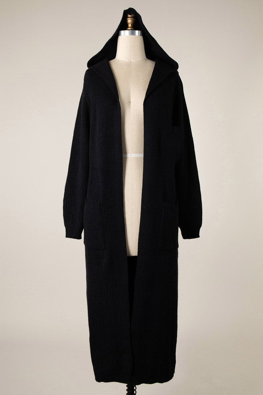 Long Body Ribbed Knit Hoodie Cardigan