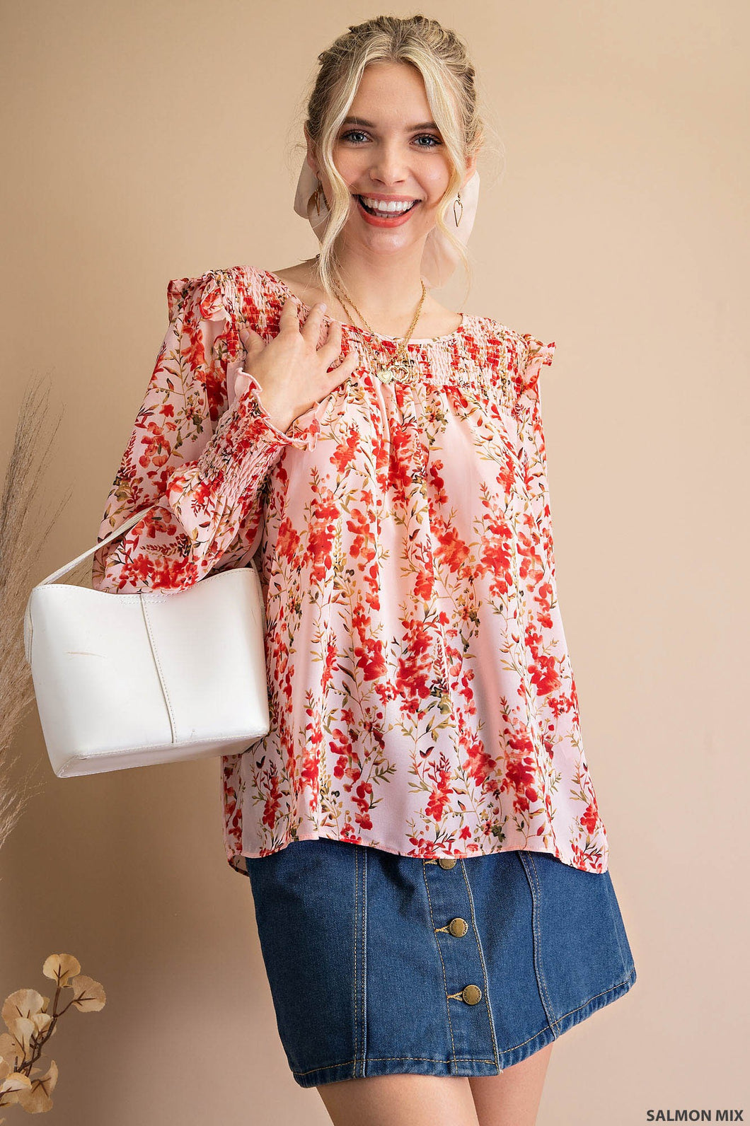 Printed Smocked Long Sleeve Top