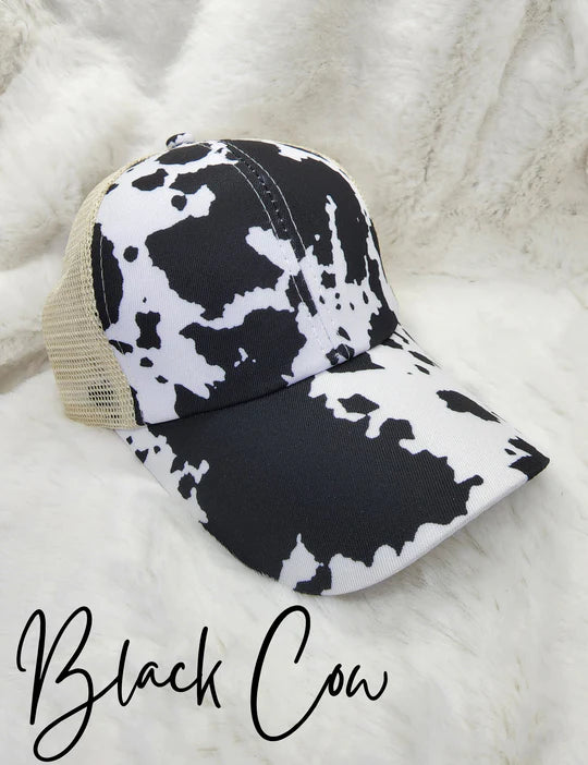 Cow Print Criss-Cross Ponytail Hat