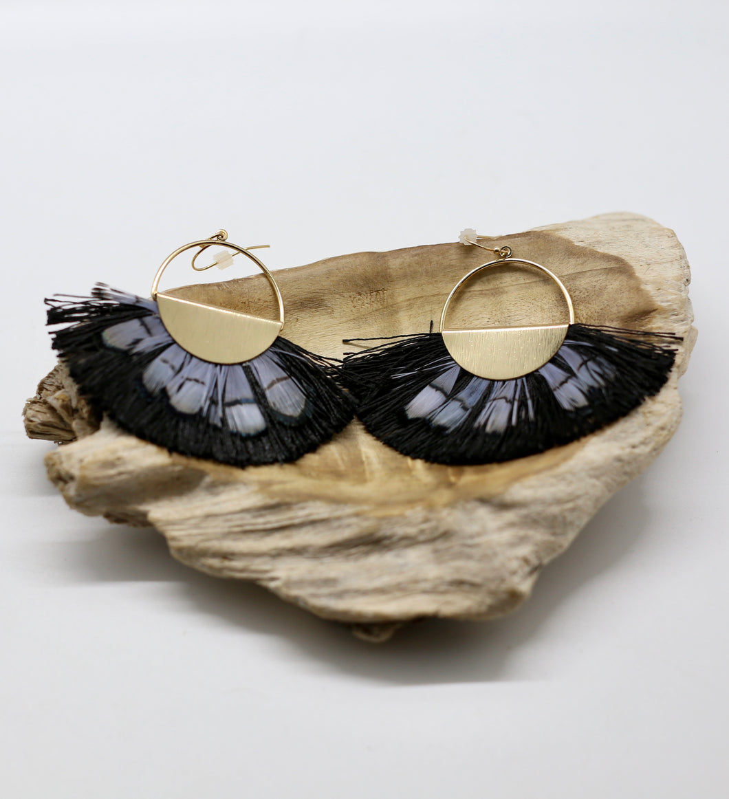 Two Tone Feather and Fringe Earrings
