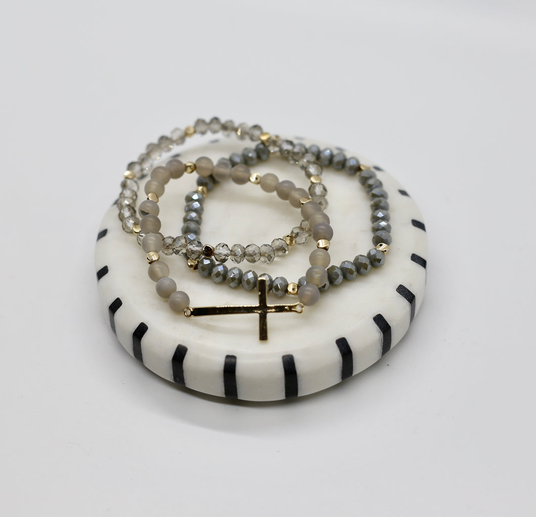 Triple Stack Beaded Bracelet with Cross