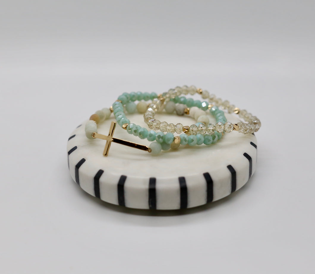 Triple Stack Beaded Bracelet with Cross
