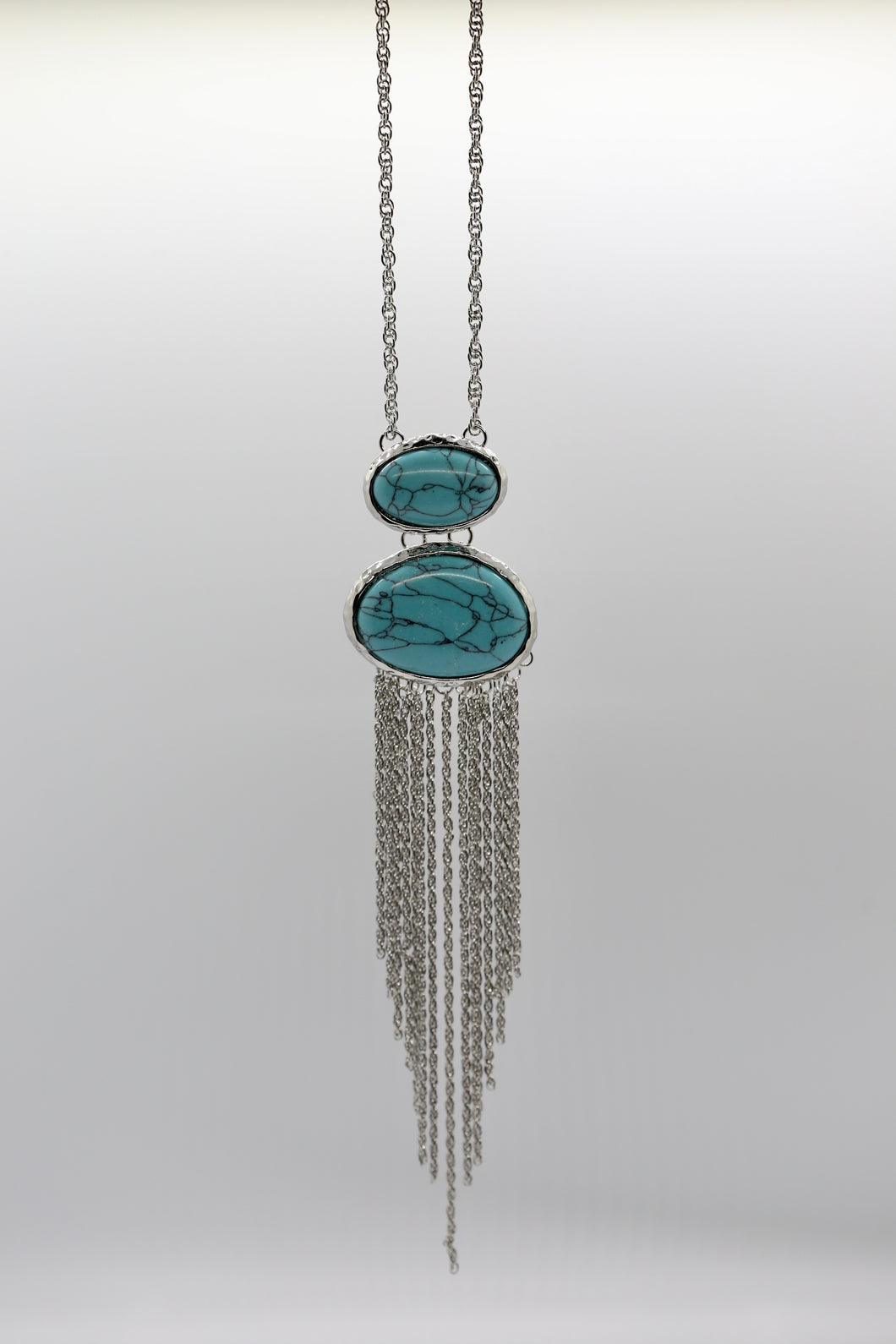 Long Fringe Turquoise Silver Chain Necklace