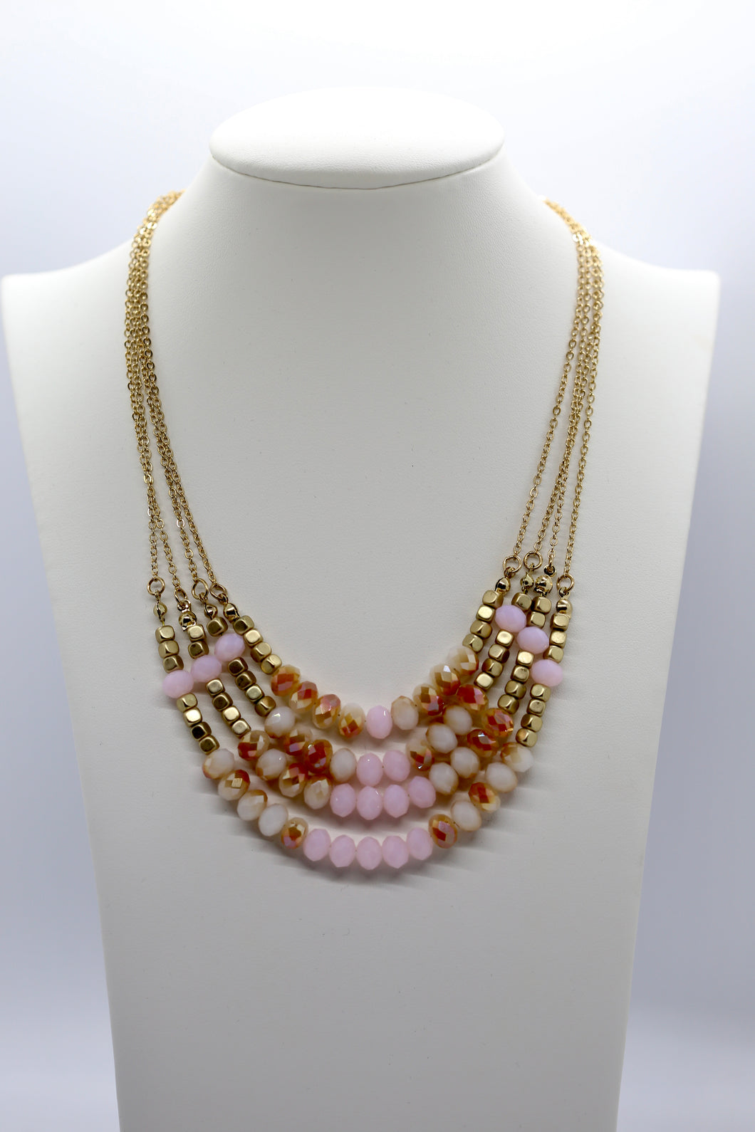 4 Tiered Rose And Gold Beaded Necklace