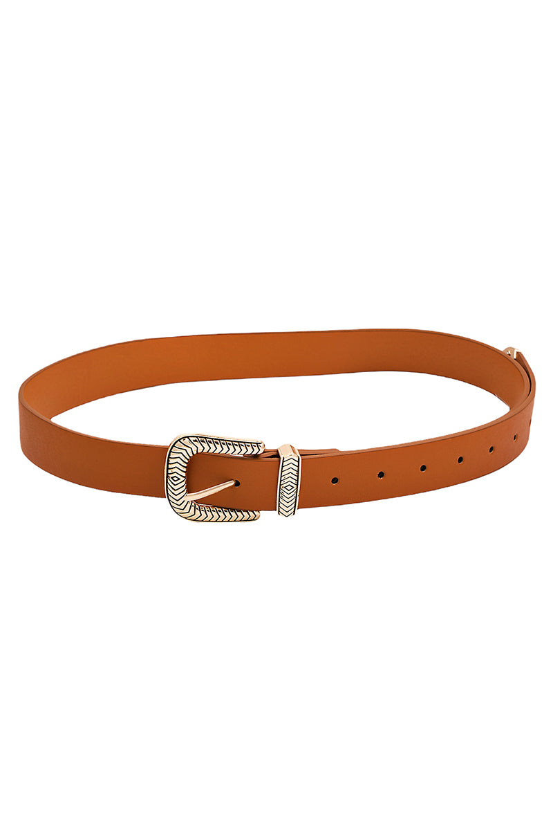 Faux Leather Engraved Buckle Belt