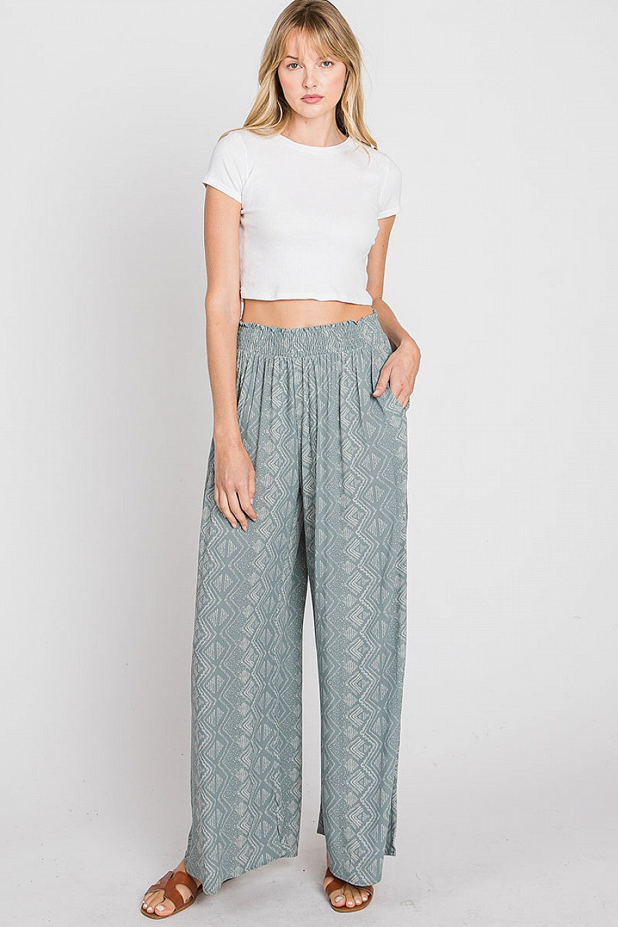 Print Smocked Waist Wide Leg Pants